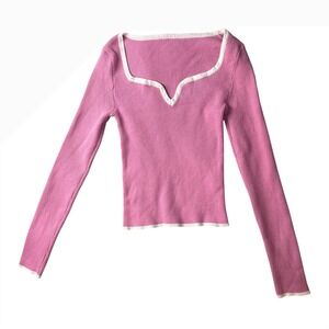 Shein Pink Ribbed Knit Long Sleeve Top Square Neck Contrast Trim Womens‎